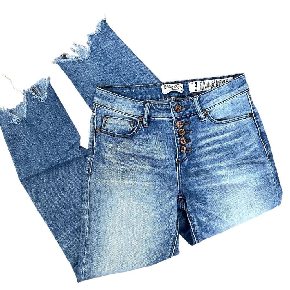 Indigo Rein women's blue jeans ripped design‎ button down cotton women size 3